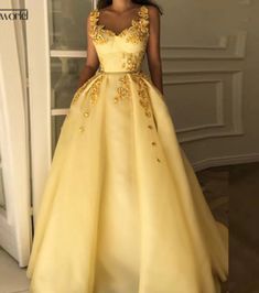 Yellow Sweet Heart Flower Embroideru Prom Dress · KoKo Fashion · Online Store Powered by Storenvy Light Yellow Prom Dress, Yellow Prom Dresses, Yellow Prom, Dresses With Appliques, Chic Evening Dress, Prom Dresses Elegant, Princess Prom Dresses, Prom Dresses Yellow, Prom Looks