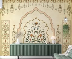 Transform your space with our rajasthani jharokha arches wallpaper mural, featuring exquisite Indian mughal architecture and luxurious floral designs. This traditional Indian haveli wall art captures the essence of Indian heritage, making it perfect for home decor or luxury hotel settings. Crafted from high-quality canvas fabric, this vintage wall mural adds an elegant touch to any room. Elevate your interior with this stunning handmade design that brings the beauty of palace culture into your h South Asian Wallpaper, Indian Haveli, Arches Wallpaper, Post Background, Console Unit, Modern Rock, Floral Wall Mural, Decor Paintings, Mughal Architecture