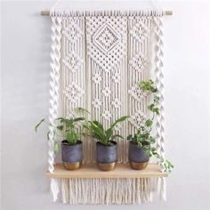 three potted plants are sitting on a shelf next to a macrame wall hanging