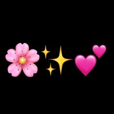 three pink flowers and two yellow hearts on a black background with stars in the middle