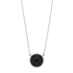 Adorned with an onyx cabochon stone, this sterling silver necklace offers understated charm.NECKLACE DETAILS Length: 17.5 in. Clasp: lobster-claw Metal: sterling silver Plating: rhodium Packaging: boxed  STONE DETAILS Stone type: onyx Total weight: 2 3/10 ct. Shape: round Setting: bezel Gemstones may have been treated to enhance their appearance. Special care may be required.  Size: One Size. Color: Black. Gender: female. Age Group: adult. Nickel Free Round Pendant For Formal Occasions, Nickel-free Round Pendant For Formal Wear, Nickel-free Round Pendant For Formal Occasions, Formal Nickel-free Round Pendant Jewelry, Onyx Pendant Necklace With Polished Finish, Elegant Nickel-free Round Charm Necklace, Formal Sterling Silver Necklace With Round Stone, Elegant Round Nickel-free Charm Necklace, Nickel-free Round Necklaces For Formal Occasions