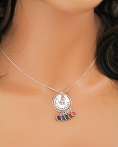 "Personalized Grandma Necklace, Grandmother Necklace, Birthstone Necklace, Love my Grandchildren Necklace, Hand Stamped, Mother's Day Gift This is a perfect Mother's Day Gift for Grandma to show off all of her children or grandchildren. A sterling silver pendant of stacked discs are hammered and hand stamped with her special grandmother name and then bottom disc can be stamped with a special message. A tiny sterling silver heart charm adorns the top of the disc. A sterling silver ring holds all Personalized Multicolor Pendant Jewelry, Nickel-free Multicolor Jewelry For Mother's Day, Multicolor Charm Necklace For Mother's Day And Birthdays, Multicolor Charm Necklace For Mother's Day And Birthday, Multicolor Charm Necklace For Birthday And Mother's Day, Nickel Free Pendant Necklace For Birthday, Nickel-free Pendant Necklace For Birthday, Nickel-free Round Pendant Necklace For Birthday, Personalized Dangle Necklaces For Birthdays