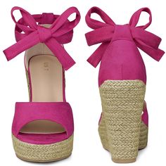 Looking for a stylish and versatile addition to your wardrobe? Look no further than these must-have wedges! With their ankle tie-up and espadrille platform heel, these sandals are perfect for adding both comfort and style to your everyday look. And, with their open-toe design, they're the perfect choice for showing off your pedicure. Made from high-quality materials, these wedges feature a faux suede vamp, TPR outsole, and a 4.7-inch heel with a 1.4-inch platform. So why wait? Check out the size Platform Espadrilles With Synthetic Material For Day Out, Synthetic Platform Espadrilles For Day Out, Platform Espadrilles Made Of Synthetic Materials For Day Out, Pink Ankle Tie Heels For Summer, Summer Pink Ankle Tie Heels, Lace-up Espadrille Platform Heels, Lace-up Platform Heels In Espadrille Material, Lace-up Platform Heels In Espadrille, Pink Espadrille Wedge Sandals For Summer