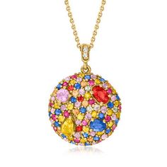 Ross-Simons - 3.90ct t. w. Multicolored Sapphire Circle Pendant Necklace, Diamond Accents. 16". Here's a party that never stops! On this celebration-worthy necklace, 3.90 ct. tot. gem wt. multicolored and multi-shaped sapphires bedazzle the circular pendant, suspended by a diamond-accented bale on a cable chain. Crafted in 14kt yellow gold. Lobster clasp, multicolored sapphire circle pendant necklace. Yellow Round Necklace For Celebration, Elegant Multicolor Birthday Necklace, Multicolor Necklaces For Birthday, Multicolor Round Pendant Jewelry For Anniversary, Multicolor Party Necklaces With 17 Jewels, Round Necklace With Sparkling Stones For Celebration, Round Necklaces With Sparkling Stones For Celebration, Multicolor Pendant Necklace For Birthday, Yellow Round Necklace For Party