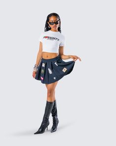 Say hello to the G-RATED version of our iconic TEAGAN skirt ❤️ For our babes who like to keep things a secret, this mini skirt is made with from pinstripe suiting fabric and complete with a pleated design and fun patches 💋 Fun Patches, Suiting Fabric, White Graphic Tee, Black Off Shoulder, Cool Patches, High Fashion Outfits, Graphic Top, White Jersey, Good Girl