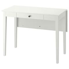 a white desk with two drawers on the top and one drawer at the bottom, against a white background