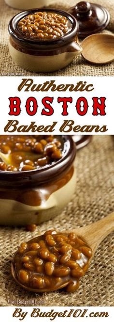 baked beans in a bowl with spoons on the side and text overlay reading authentic boston baked beans