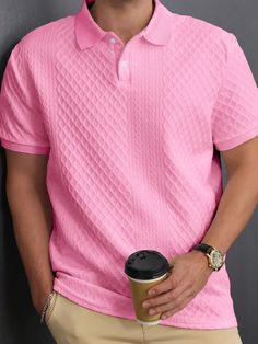 Style:Casual \nDetails:Button \nSleeve Type:Regular Sleeve \nColor:Pink \nPattern Type:Plain \nNeckline:Polo \nSleeve Length:Short Sleeve \nLength:Regular \nFit Type:Regular Fit \nFabric:Slight Stretch \nMaterial:Fabric \nComposition:100% Polyester \nCare Instructions:Machine wash or professional dry clean \nSheer:No \n Color Shorts, Mens Polo Shirts, Polo Shirts, Mens Summer, Mens Polo, Style Casual, Polo Shirt, Dry Clean, Solid Color