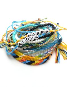 Create your Summer Vibes at jaycimay.com. Summer bracelets with bright colors. Braided bracelets, word bracelets, friendship bracelets, kandi bracelets, seed bead bracelets.     #summertime #bracelets #summer #summerstyle #girlstyle #rainbow Kandi Bracelets Rave, Bracelets Kandi, Nut Bracelet, Bracelets Summer, Blue Stone Bracelet, Make Your Own Bracelet