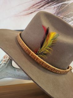 add instant cool to your favorite  felt or cowboy hat  1/2" inch wide Genuine  leather  hand tooled antique brass eyelets suede straps stained light brown/ beige  antique one size fits all ( 55 to 66 cm) thank you for supporting handmade! Feathers not included Ships with tracking and insurance Adjustable Distressed Brown Country Hat, Distressed Brown Adjustable Hat With Flat Brim, Distressed Brown Adjustable Short Brim Hat, Brown Country Hat With Flat Crown, Distressed Brown Adjustable Flat Brim Hat, Country Style Brown Hat With Flat Crown, Vintage Brown Adjustable Flat Brim Hat, Rustic Brown Brimmed Felt Hat, Adjustable Vintage Brown Flat Brim Hat