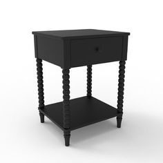 a small black table with one drawer on the bottom and two legs at the top