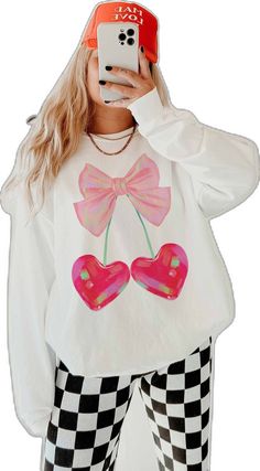 Cute Heart Graphic Tops For Fall, Cute Fall Tops With Heart Graphic, Sweet Long Sleeve Cotton Sweatshirt, White Kawaii Sweatshirt With Graphic Print, Cute Long Sleeve Spring Sweatshirt, Cute Heart Print Tops For Fall, Cute Long Sleeve Tops With Heart Graphic, Cute Long Sleeve Top With Heart Graphic, Trendy Long Sleeve Top With Heart Print