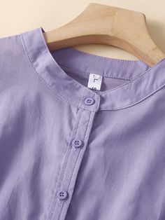 Women's Blouse Embroidered Hollow Out Sleeve Stand Collar Loose Cotton Blouse Top Plain Button-up Summer Blouse, Purple Solid Cotton Top, Purple Solid Color Cotton Top, Collared Plain Summer Blouse, Daywear Solid Color Button-up Tops, Button-up Tops In Solid Color For Daywear, Plain Collared Tops For Spring, Button-up Solid Color Tops For Daywear, Solid Color Button-up Tops For Daywear