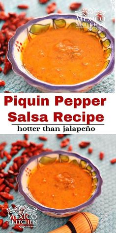 two bowls filled with red pepper salsa on top of a table