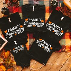 These matching family fall thanksgiving t-shirts are a must have for your holiday this year. These adorable shirts come in two colors black and white and multiple sizes for any size family. We use high quality, soft flex vinyl which not only creates a sharp, vivid graphic but will never look "faded" or “washed out” like some inks commonly do. Processing time is 2-4 days, delivery will depend on your choice at checkout First Class Mail 5-7 days, Priority Mail 2-4 days & Priority Express is 1-2 da Cute Thanksgiving Shirts Family, Matching Thanksgiving Shirts Family, Thanksgiving T Shirts Family, Black Cotton T-shirt For Family Outings, Family Matching Holiday T-shirt With Letter Print, Cotton Graphic T-shirt For Family Outings, Black T-shirt With Custom Print For Family Events, Black Graphic T-shirt For Family Outings, Black Crew Neck Top For Family Outings