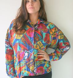 1980s Vintage Hawaiian SILK Blouse...unisex. hotel. funky print. mod. hawaiian. retro. 80s 90s. hips Retro Hawaiian Shirt With Relaxed Fit, Retro Printed Hawaiian Shirt For Spring, Patterned Hawaiian Shirt With Graphic Print, Spring Retro Printed Hawaiian Shirt, Retro Collared Hawaiian Shirt With Graphic Print, Retro Patterned Collared Hawaiian Shirt, Retro Multicolor Collared Hawaiian Shirt, Retro Graphic Print Collared Hawaiian Shirt, Retro Multicolor Printed Hawaiian Shirt