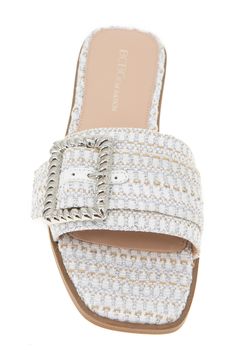 A polished buckle tops a handsome sandal featuring a classic squared-open toe and grounded by a low block heel. Synthetic upper, lining and sole Imported Chic White Mules With Buckle Closure, Summer Square Toe Mules With Buckle Closure, Summer Block Heel Mules With Buckle Closure, White Open Toe Mules With Buckle Closure, White Open Toe Mules With Buckle, White Buckle Closure Mules For Spring, Spring White Mules With Buckle Closure, Spring Square Toe Mules With Buckle Closure, White Leather Sandals With Rectangular Buckle