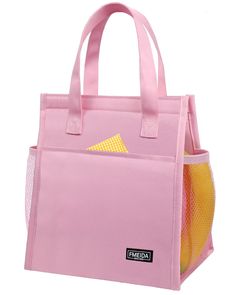 a pink tote bag with yellow handles and mesh pocket on the front, featuring an embellishment