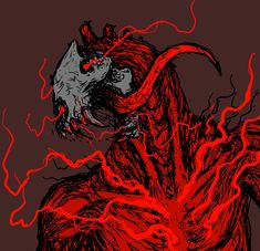 a red and black drawing of a demon with horns on it's head, in front of a dark background