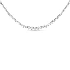 This necklace is bound to be a treasured piece of jewelry. It features a gorgeous line of brilliant-cut diamonds, gently and gradually tapering in size, with the largest at the center. Each diamond is secured on a three-prong basket. The timeless and enduring elegance of this piece gives you the flexibility to wear it on its own, layer it or pair it with other jewelry pieces. Formal Single Strand Round Diamond Necklace, Formal Single Strand Diamond Necklace, Formal White Single Strand Diamond Necklace, Classic Single Strand Round Diamond Necklace, Classic Round Single Strand Diamond Necklace, Diamond White Brilliant Cut Tennis Necklace, Formal Diamond White Necklace With Single Cut Diamonds, Classic White Gold Bridal Necklace With Single Cut Diamonds, Dazzling Single Strand Necklace For Anniversary