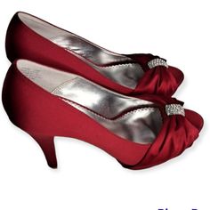 These Gorgeous Red Metallic Velvet Pumps Have An Open-Toe! It Has A Bow With Rhinestones On The Top Near The Toe And A Sleek Silver Inner Sole. They Sparkle And Will Add Bling And Style To Your Outfit For Any Special Occasion. Heel Height 4" Nwob, Never Worn Red Rhinestone Wedding Heels, Elegant Red Heels With Rhinestones, Red Fitted Heels With Rhinestones, Fitted Red Heels With Rhinestones, Red Fitted Rhinestone Heels, Red Rhinestone Heels For Prom, Red Rhinestones Heels, Quinceanera Heels, Gold Platform Heels