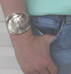 Horse bracelet, Andalusian Stallion, pewter cuff bracelet, sculpture mirror polished. Fits wrists of 5 1/2 to 8 inches around, 2 inches at the widest point. Handmade USA. To see more of my horse jewelry visit www.horseladygifts.com Sculpture Mirror, Andalusian Stallion, Horse Bracelet, My Horse, Horse Jewelry, Beautiful Bracelet, Cuff Bracelet, Cuff Bracelets, Etsy Gifts