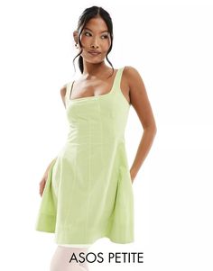 ASOS DESIGN Petite seamed mini tennis sundress in lime | ASOS Green Fitted Sundress With Spaghetti Straps, Fitted Green Sundress With Spaghetti Straps, Spring Mini Length Tennis Dress For Day Out, Fitted Knee-length Tennis Dress For Spring, Summer Cotton Tennis Dress, Mini Length, Fitted Tennis Dress For Spring, Sleeveless Cotton Tennis Dress For Summer, Green Stretch Mini Dress With Square Neck, Sleeveless Lime Green Mini Dress For Summer