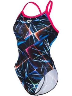 Elevate your swim training with the Arena Flash Strike Women's One-Piece Swimsuit. Designed for the dedicated swimmer, this vibrant swimsuit features a striking geometric pattern with bold colors that shine both in and out of the water. Made from durable, chlorine-resistant fabric, it offers long-lasting performance and comfort, perfect for intense training sessions or casual laps. The open-back design provides freedom of movement, while the medium-cut leg ensures a snug yet comfortable fit. Sta Sports Printed Swimwear, Sporty Printed Swimwear For Sports, Sporty Multicolor Swimwear For Swimming, Sporty Multicolor Printed Swimwear, Multicolor Nylon Swimwear For Water Sports, Black Racerback Swimwear For Water Sports, Sporty One-piece Swimwear For Diving, Sporty Printed Swimwear For Swimming, Sporty Multicolor Swimwear For Water Sports