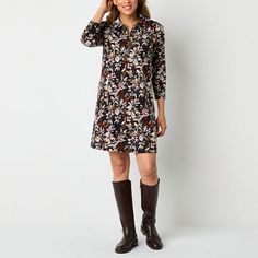 You'll love this earthy-toned R&K Originals women's mod floral-print dress for your fall and winter wardrobe. Crafted from a stretchy-knit, this knee-length shift dress has a gold-tone ring adorned zip collar neckline and 3/4 sleeves. Wear it with boots and a blazer. Closure Type: ZipperNeckline: Collar NeckSleeve Length: 3/4 SleeveSleeve Style: Fitted SleeveApparel Length: 36 InchesDress Length: Knee LengthFiber Content: 95% Polyester, 5% SpandexFabric Description: KnitCollar: Zip CollarCare: L Fall Floral Print Dresses With 3/4 Sleeve, Casual 3/4 Length Fall Dresses, Casual 3/4 Length Dresses For Fall, Fall Dresses With 3/4 Sleeves, Blue Half Sleeve Dresses For Fall, Fall Daywear Dress With Half Sleeves, Fall Half-sleeve Dresses For Daywear, Blue 3/4 Sleeve Dress For Fall, Blue 3/4 Sleeve Dresses For Fall