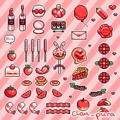 an image of pixel art with food and drinks on the screen, including strawberries