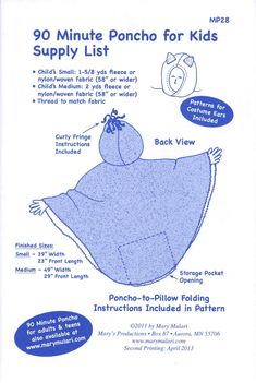 All Patterns Are Brand New From The Designer or Manufacturer! 90 Minute Poncho For Kids Sewing Pattern, From Mary Mulari Designs Productions NEW, Please See Description and Pictures For More Information! Poncho folds up to store in attached back pocket. Use as a pillow or a seat cushion. Two sizes available. Create a useful, warm poncho from 2.5 yds of fleece (or water repellant) fabric and when it's not in use, fold and store it in the attached inner pocket. In this folded form, the poncho beco Carseat Poncho Pattern, Hooded Poncho Pattern, Sewing Pillows Ideas, Poncho For Kids, Warm Halloween Costumes, Kids Sewing Pattern, Poncho Pattern Sewing, Kid Quilts Patterns, Warm Halloween