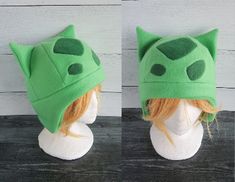 two photos of a green cat hat on a mannequin head