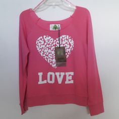 Nwt Bright Pink Long Sleeve Sweatshirt Big Round Neck Love & Heart Design Banded Sleeves And Hem Size Small Underarm 20 Inches Made In Usa Cute Long Sleeve Tops With Heart Graphic, Cute Long Sleeve Top With Heart Graphic, Casual Top With Heart Graphic For Fall, Casual Fall Tops With Heart Graphic, Spring Long Sleeve Tops With Heart Graphic, Pink Casual Sweatshirt With Heart Graphic, Casual Pink Sweatshirt With Heart Graphic, Casual Pink Raglan Sleeve Top, Casual Raglan Sleeve Tops