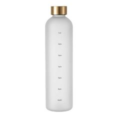 a white water bottle with gold cap on the top and bottom, in front of a white background