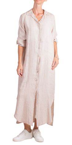 Long Button Down Collared Linen Dress with Cuffed Sleeves. May Be Worn As a Dress Or a Long Jacket. 100% Linen Made in Italy One Size Model 5'8" Beige Long Sleeve Dress With Button Cuffs, Chic Linen Button-up Dress, Beige Shirt Dress With Button Cuffs For Spring, Linen Button-up Dress With Buttons, Chic Long Sleeve Linen Dress With Buttons, Long Sleeve Linen Dress With Button Closure, Spring Linen Button-up Dress, Spring Daywear Linen Dress With Button Closure, Beige Button-up Linen Dress