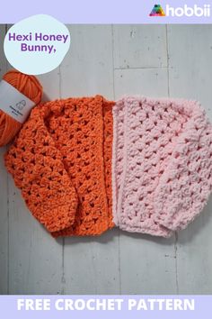 three crocheted hats are laying next to each other on the floor with text overlay that reads hexi honey bunny, free crochet pattern