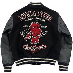 "Tedman's 'Lucky Devil' Varsity Jacket Vintage varsity jacket from the 90's. Wool body and leather sleeves. High quality item. Chenille patches and detailed embroidery. Size 38 / S. Pit to pit 22\". Length 24\". Wear: Light blemish on sleeve cuff." Black Varsity Jacket With Embroidered Patch For Fall, Fall Graphic Print Varsity Jacket, Streetwear Outerwear With Embroidered Patch And Baseball Collar, Black Varsity Jacket With Embroidered Patch For Streetwear, Varsity Leather Jacket With Long Sleeves, Winter Leather Jacket With Baseball Collar For College, Winter Embroidered Patch Varsity Jacket For Streetwear, Varsity Outerwear With Embroidered Baseball Collar, Black Collegiate Varsity Jacket With Letter Patch