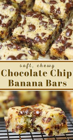 soft chewy chocolate chip banana bars on a cooling rack with text overlay that reads soft chewy chocolate chip banana bars