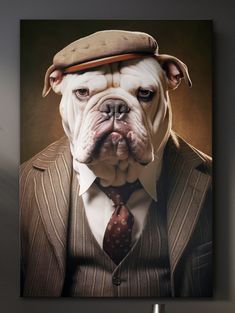 a bulldog in a suit and tie with a hat on his head is looking at the camera