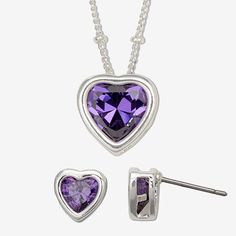 Display all the love in your heart with this pendant and earrings set featuring heart-shaped, purple cubic zirconia stones set in silver-tone metal. Metal: Silver-tone metalStones: Purple cubic zirconiaNecklace Closure: Spring-ringNecklace Length: 16” cable chain with 3” extenderPendant Size: .46x.48”Earring Back: FrictionEarring Dimensions: 7.8mmJewelry photos are enlarged to show detail. Heart-shaped Metal Jewelry Sets For Valentine's Day, Valentine's Day Metal Jewelry Set Gift, Valentine's Day Heart-shaped Metal Jewelry Sets, Silver Heart-shaped Metal Jewelry Sets, Silver Heart-shaped Jewelry Sets For Valentine's Day, Hypoallergenic Heart-shaped Cubic Zirconia Jewelry, Purple Double Heart Jewelry For Valentine's Day, Hypoallergenic Heart Cut Jewelry For Valentine's Day, Cubic Zirconia Heart Jewelry Sets For Gifts