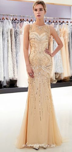 Gold Rhinestone Sequin Illusion Neckline Mermaid Prom Dresses,CP0366 – clover sew Green Evening Dresses, Sweep Train Prom Dress, Gold Evening Dresses, Prom Dresses 2018, Prom Dresses With Pockets, Affordable Prom Dresses, Beaded Prom Dress, Illusion Neckline, Mermaid Evening Dresses