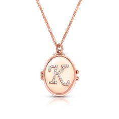 Luxury Rose Gold Initial Pendant Necklace, Luxury Rose Gold Monogram Jewelry, Elegant Personalized Oval Link Locket Necklace, Elegant Personalized Oval Locket Necklace, Luxury Oval Locket Necklace As Gift, Oval Diamond Locket Necklace, Luxury Oval Pendant Locket Necklace As Gift, Personalized Rose Gold Oval Pendant Locket Necklace, Personalized Oval Rose Gold Necklaces