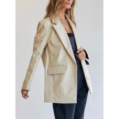 Princess Polly Jocelyn Jacket New With Tags Color: Cream Size: Xs/S Peta Approved Vegan Faux Leather Twin Front Pockets Fully Lined 100% Pu Padded Shoulders Split At Back **Color Sold Out Online Tc5 Trendy Beige Blazer With Pockets, Trendy Beige Blazer With Lapel Collar, Trendy Fitted Beige Blazer, Fashion-forward Spring Office Outerwear, Cream Notch Lapel Outerwear For Spring, Trendy Cream Blazer For Fall, Trendy Cream Outerwear For Work, Trendy Cream Outerwear With Lapel Collar, Trendy Long Sleeve Cream Blazer