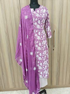 Indian Wedding Wear Salwar Kameez / Indian Ethnic Dress / Plus Size Silk Kurta Dress Traditional Indian Wear / Salwar Kameez Dupatta / Kurti Palazzo Set / Party Wear/ Silk Kurta Set Product Details Purple Printed Kurta Trousers & Dupatta  *Kurta design:  Floral Printed *Straight Shape *Regular Style * 3/4 Sleeves * Calf length straight hem * Cotton Blend weave fabric Trousers design: * Printed Trousers *Elasticated waistband *Slip-on closure Material & Care Kurta  fabric: Cotton Blend bottom fab Bohemian Anarkali Set For Summer Wedding, Purple Chikankari Embroidered Sets For Summer, Purple Chikankari Embroidery Sets For Summer, Fitted Purple Embroidered Palazzo Set, Traditional Purple Sets For Spring, Summer Purple Sets With Chikankari Embroidery, Pink Traditional Unstitched Suit For Summer, Traditional Pink Unstitched Suit For Summer, Bohemian Style Kurta For Spring Wedding