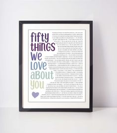 a framed book page with the words fifty things we love about you