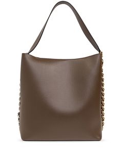 chocolate brown pebbled texture silver-tone hardware chain-link detailing internal logo stamp top clip fastening single shoulder strap main compartment internal slip dress This piece comes complete with a protective dust bag. Modern Brown Bag With Chain Strap, Evening Brown Hobo Bag With Palladium Hardware, Chic Brown Hobo Bag With Silver-tone Hardware, Formal Brown Hobo Bag With Silver-tone Hardware, Evening Brown Hobo Bag With Metal Hardware, Brown Hobo Bag With Metal Hardware For Evening, Luxury Brown Bucket Bag With Metal Hardware, Formal Leather Hobo Bag With Chain Strap, Brown Bucket Bag With Silver-tone Hardware