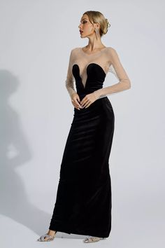 Jaylani Black Tube Top Maxi Dress Glamorous Sheer Back Evening Dress For Night Out, Illusion Neckline Dress For Party Gala, Long Sleeve Evening Dress With Illusion Neckline, Illusion Neckline Dress For Gala Party, Illusion Neckline Dress For Party And Gala, Glamorous Evening Dress With Sheer Back For Night Out, Elegant Tulle Evening Dress With Sheer Sleeves, Glamorous Velvet Dress For Gala, Fitted Tulle Evening Dress With Sheer Sleeves