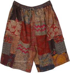 XXL Unisex Brown Patchwork Hippie Half Pants Hippie Style Patchwork Shorts, Multicolor Patchwork Shorts, Pinterest Wardrobe, Half Pants, Boho Clothes, Cat Vintage, Patchwork Shorts, Dream Aesthetic, Hippie Look