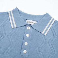 Add a touch of 1960s Mod Style to your wardrobe with OXKNIT's Men Vintage Light Blue Knit Retro Polo. This casual, light blue knit polo is perfect for the modern man seeking vintage flair. Shop today! Blue Cotton Textured Knit Sweater, Blue Textured Knit Cotton Sweater, Blue Cotton Knit Sweater, Light Blue Knitted Cotton Sweater, Blue Jacquard Knit Tops, Blue Knitted Cotton Tops, Fitted Cotton Jacquard Knit Sweater, Light Blue Knitted Cotton Tops, Knitted Light Blue Cotton Tops