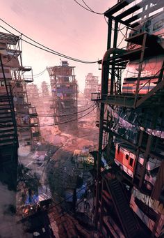 an image of a city with lots of buildings and wires above the street in front of them